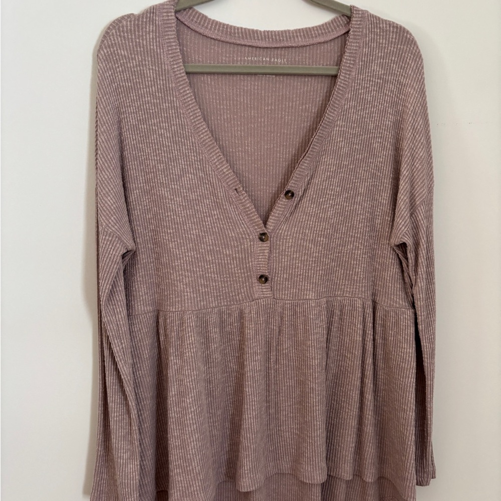American Eagle Women's Ribbed V-Neck Babydoll Top
